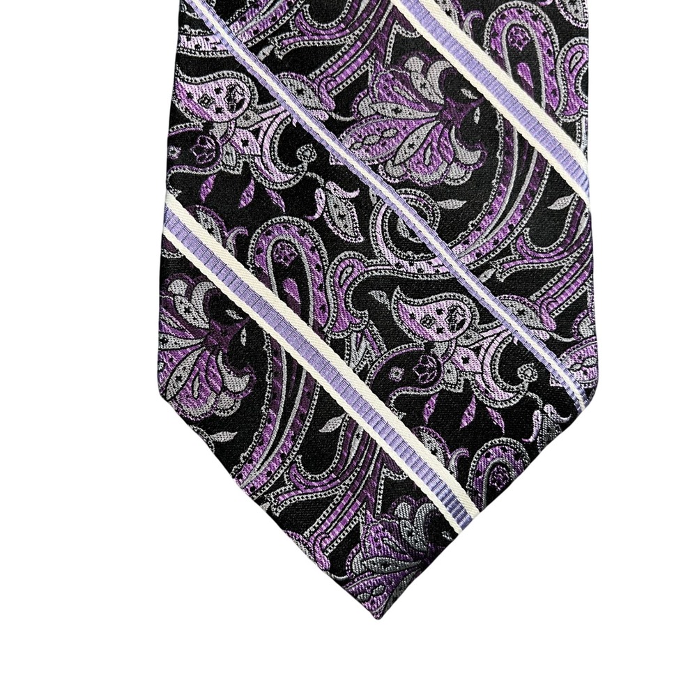 Pronto Uomo Mens Silk Tie Purple Black Paisley Striped Hand Made Necktie 59x3.5
